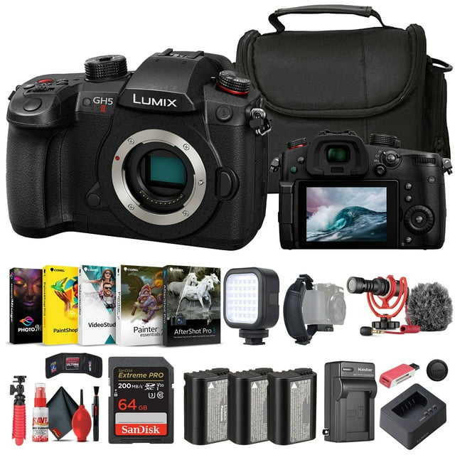 Panasonic Lumix GH5 II Appareil Photo Sans Miroir (DC-GH5M2BODY) + Logiciel Photo Corel + Sac + Carte 64 Go + Chargeur + Lumière LED + Lecteur de Carte + Micro Compact Rode + 2 x Batterie DMW-BLF19 + Trépied Flexible + Plus