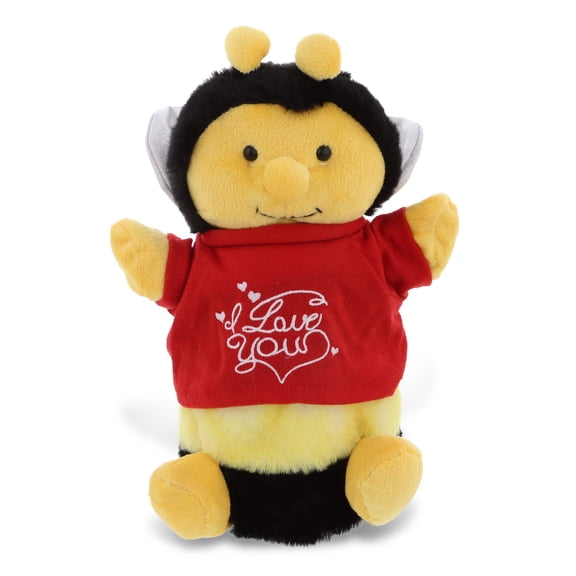 DolliBu I LOVE YOU Super Soft Plush Honeybee Hand Puppet - Stuffed Animal with Red Shirt For Valentine, Anniversary, Romantic Date, Cute Insect Plush Toy Gift For Boyfriend or Girlfriend - 10"
