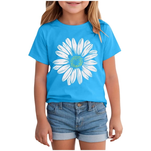 larppty Toddler Girl Flower Shirt Cute Daisy Flower Graphic T-Shirt Kids Boho Wildflower Short Sleeve Tees Summer Casual Tops(Blue, 9-10 Years)