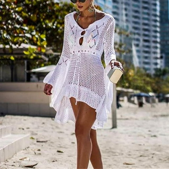 Traje de baño para niñas para mujer, traje de baño de verano para la playa, encubrimiento de encaje de ganchillo L Soledad Vestido de playa con manga larga
