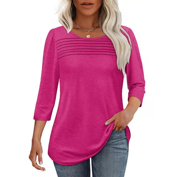 Wensltd Women 3/4 Sleeve Blouse Casual Solid Color Round Neck Fall Pullover Top