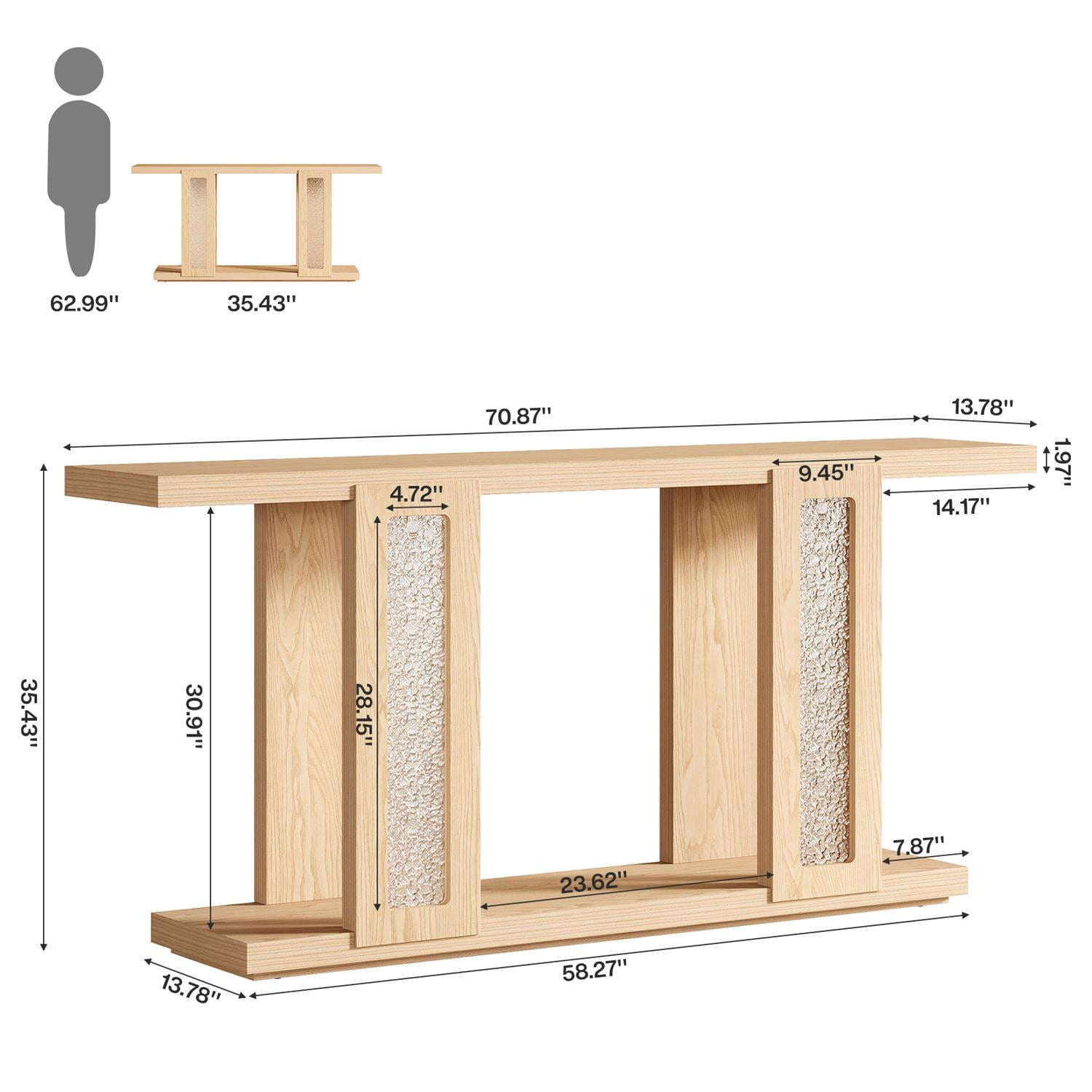 Demi Bonn 70" Modern Light Oak End Table with Intricate Inlays, Contemporary Side Table for Living Room, Stylish Wooden Console, Brown