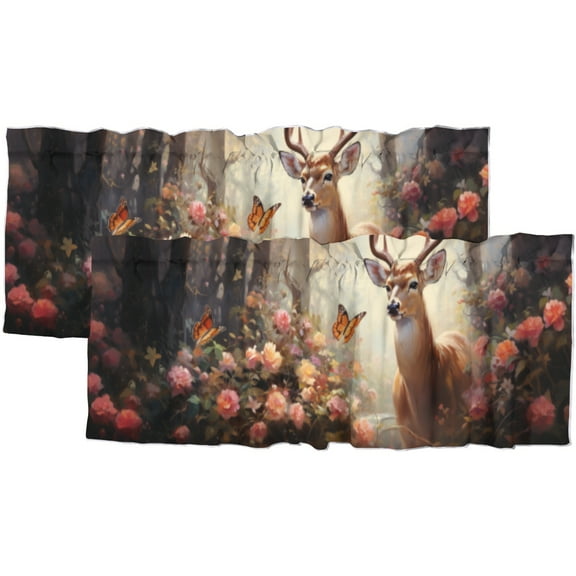 Forest Deer Curtain Valance for Kitchen Spring Colorful Flowers Butterflies Wild Animals Window Valance for Living Room Bedroom, Kitchen Valance Rod Pocket Window Curtain 54 by 18 in, 2 Panel