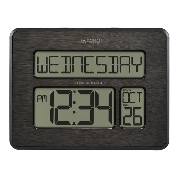 La Crosse Technology Atomic Digital Wall Clock with Calendar and Indoor Temperature, Black, 513-1419C-INT