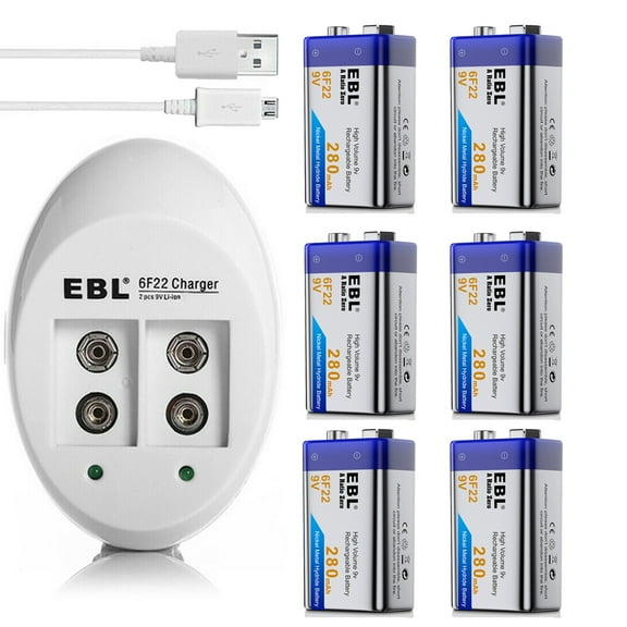 EBL Rechargeable 9V Battery and Battery Charger, NIMH 280 mAh 9 Volt Battery (6 Count) for Smoke Alarms Guitar Cameras Toys & More