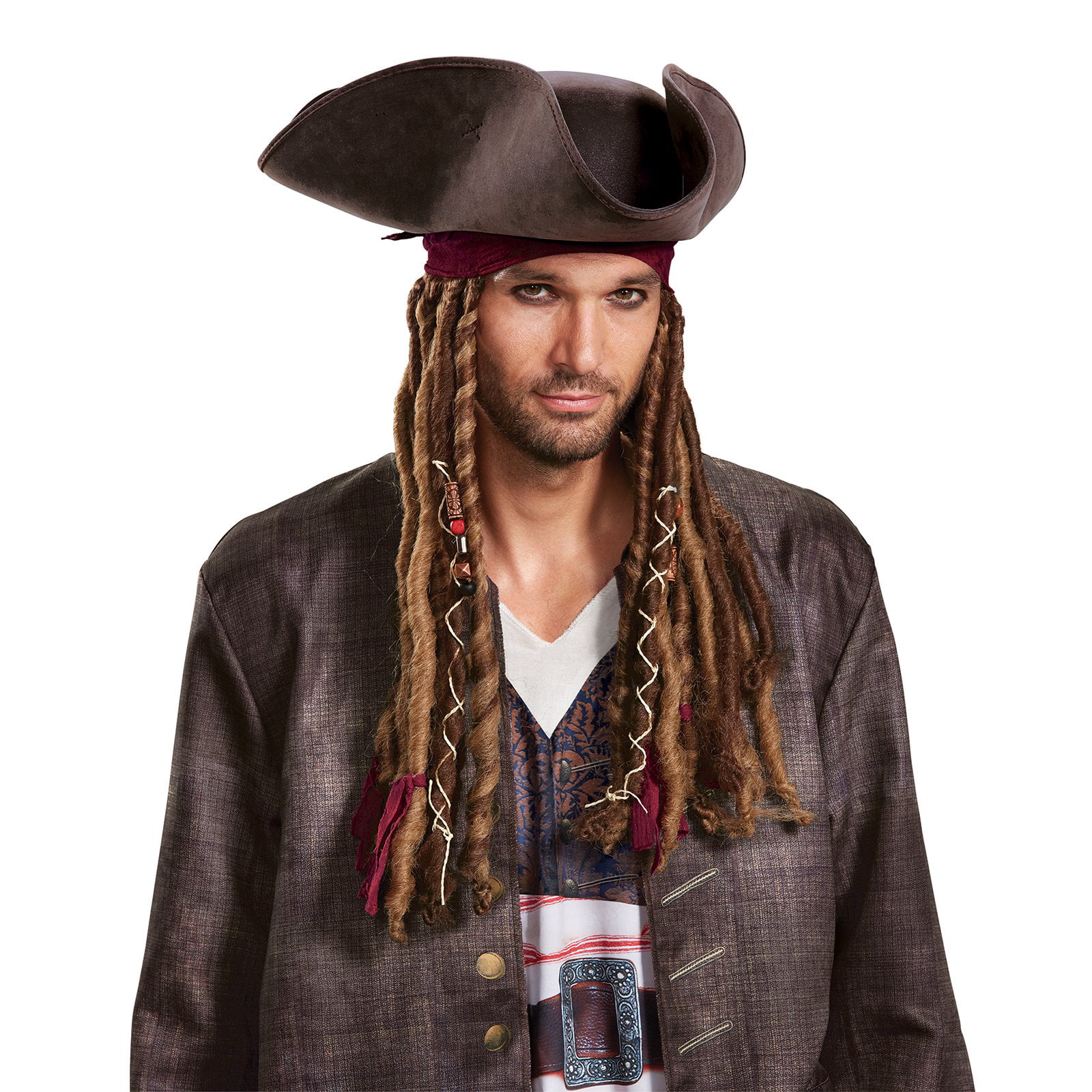 Party Jack Sparrow Caribbean Pirate Hat with Dreadlocks Beads Fancy Dress Adult 