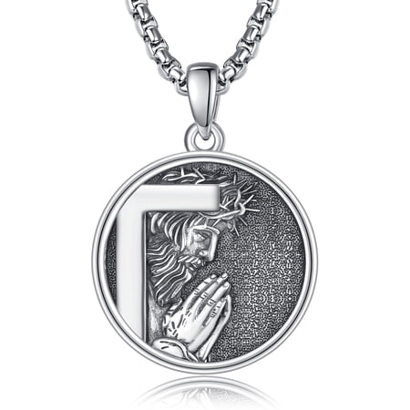 925 Sterling Silver Jesus Pendant Necklace for Men, Catholic Praying Jesus with Crown of Thorns Round Coin Medallion Necklace, Religious Christian Faith Jewelry Gift for Baptism Confirmation