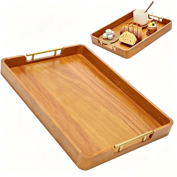 Teak Lumber Rectangle Serving Tray with Gold Handles – Large 17 Inch Decorative Wooden Tray for Breakfast in Bed, Ottoman, Coffee Table, Couch – Rustic Tray for Living Room, Kitchen, Party & BBQ