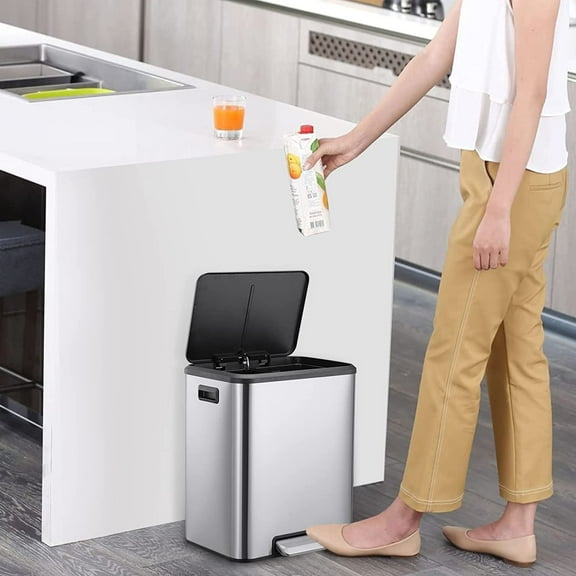 30 Liter / 8 Gallon Rectangular Dual-Compartment Recycling Trash Can, Hands-Free Kitchen Step Bin with Soft-Close Lid for Sorting Waste