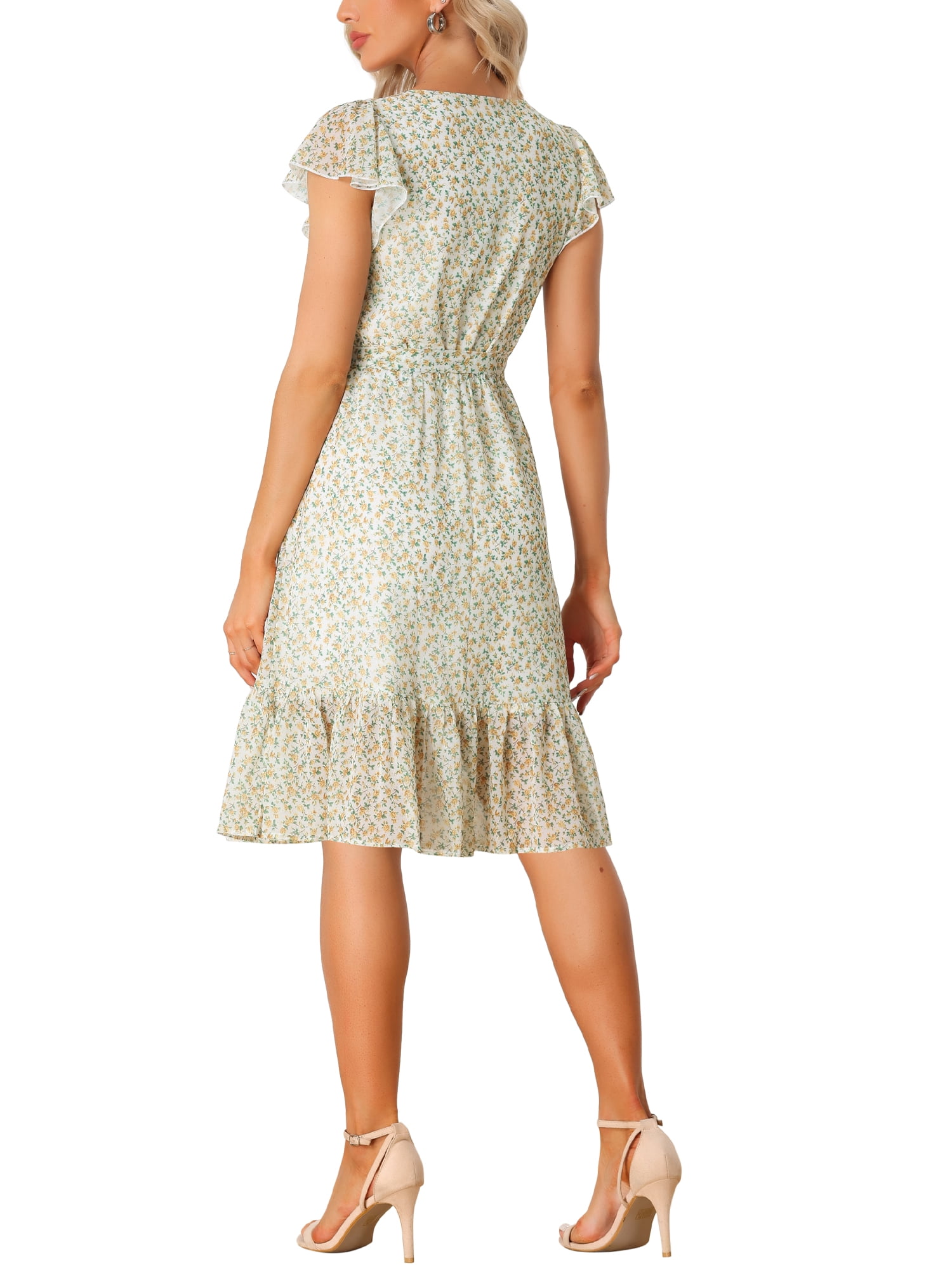 DARING DIVA Square Neck Flutter Sleeve A-Line Midi Dress M White Yellow