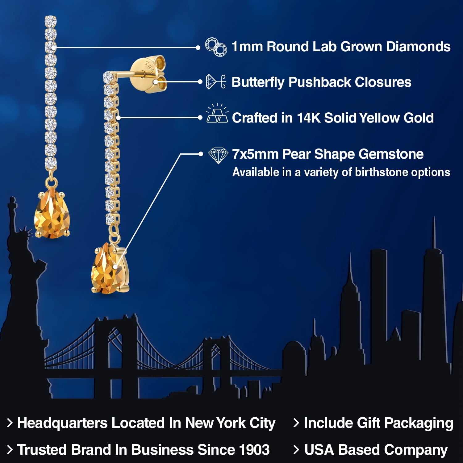 14K Yellow Gold Yellow Citrine and White Lab Grown Diamond Long Liner Dangle Earrings for Women | 2.04 Cttw | Gemstone November Birthstone | Pear Shape 7X5MM | White Gold Chain Drop Earrings