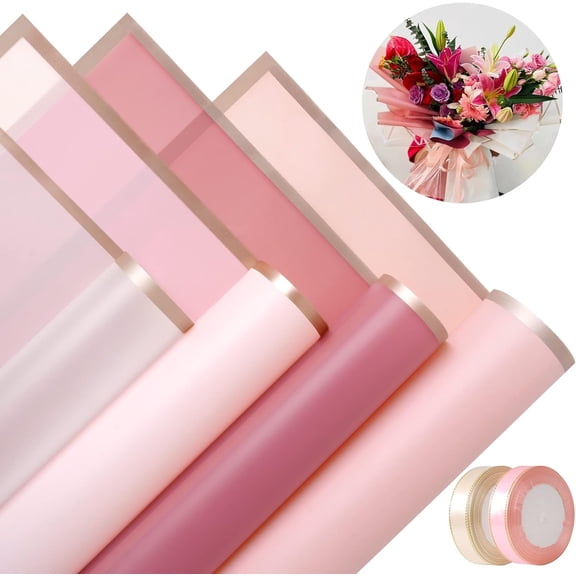 20pcs Pink Flower Wrapping Paper Gold Edge Waterproof Florist Bouquet Supplies Flower Paper for Bouquets DIY Crafts Packaging Gift Wrapping