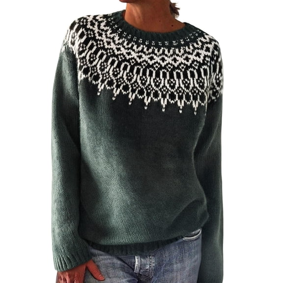 fheaev Sweaters for Women Plus Size Vintage Long Sleeve Crewneck Knitted Sweater Graphic Print Sweater Casual Loose Fit Pullover Top Fall Fashion Outfits Basic Clothes