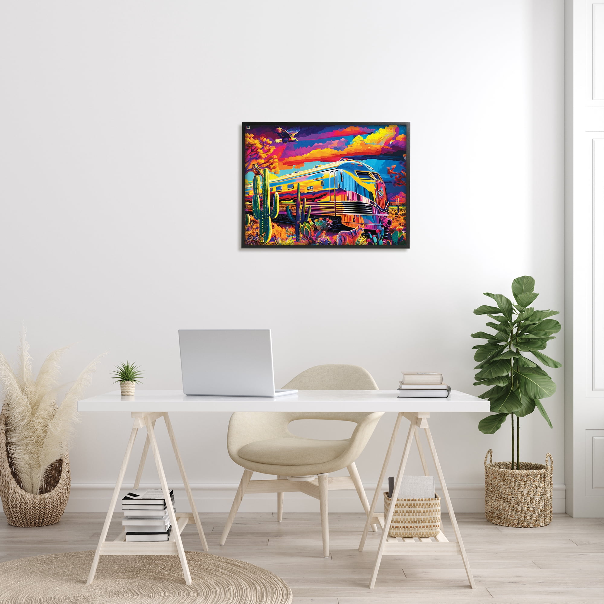Stupell Industries Vivid Desert Train Scene Transportation Painting Black Framed Art Print Wall Art, 30 x 24