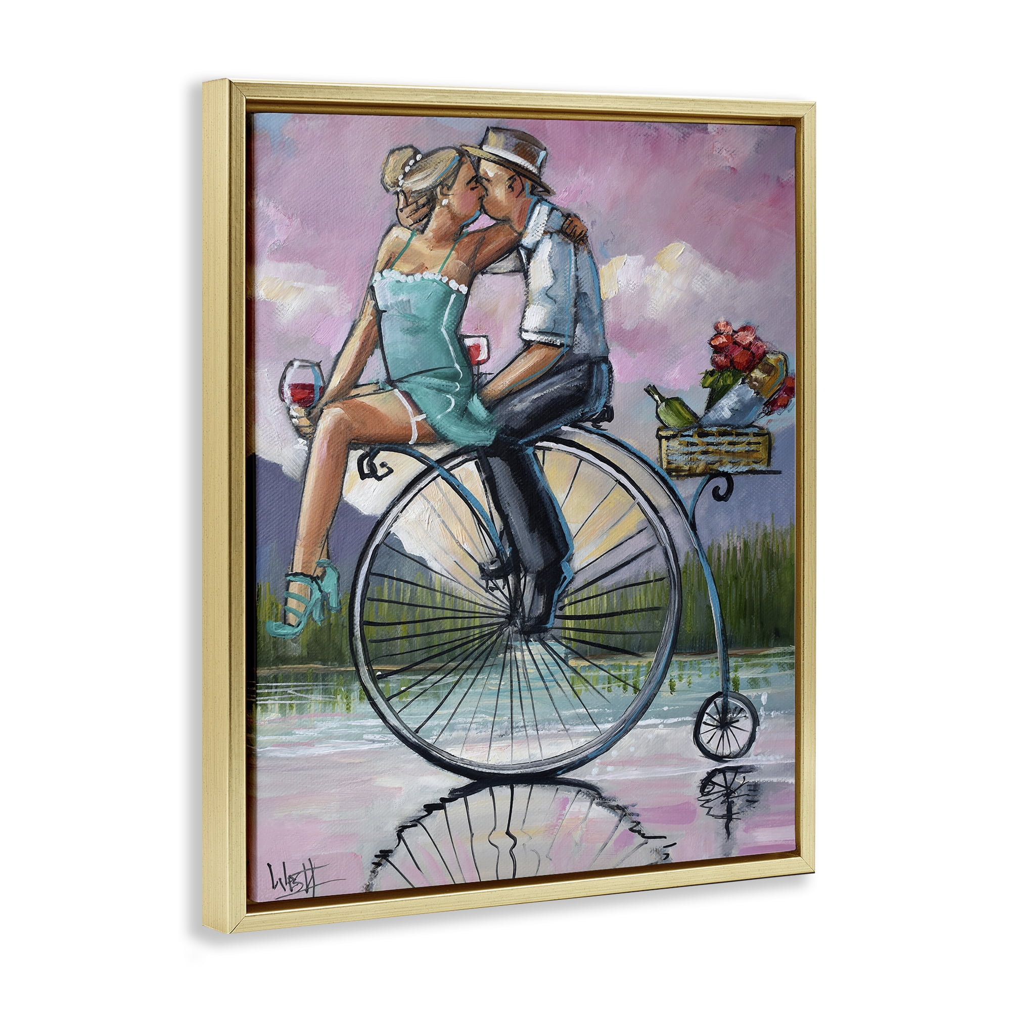 Stupell Industries Romantic Picnic on Bicycle Gold Framed Floater Canvas Wall Art, design by Ronald West
