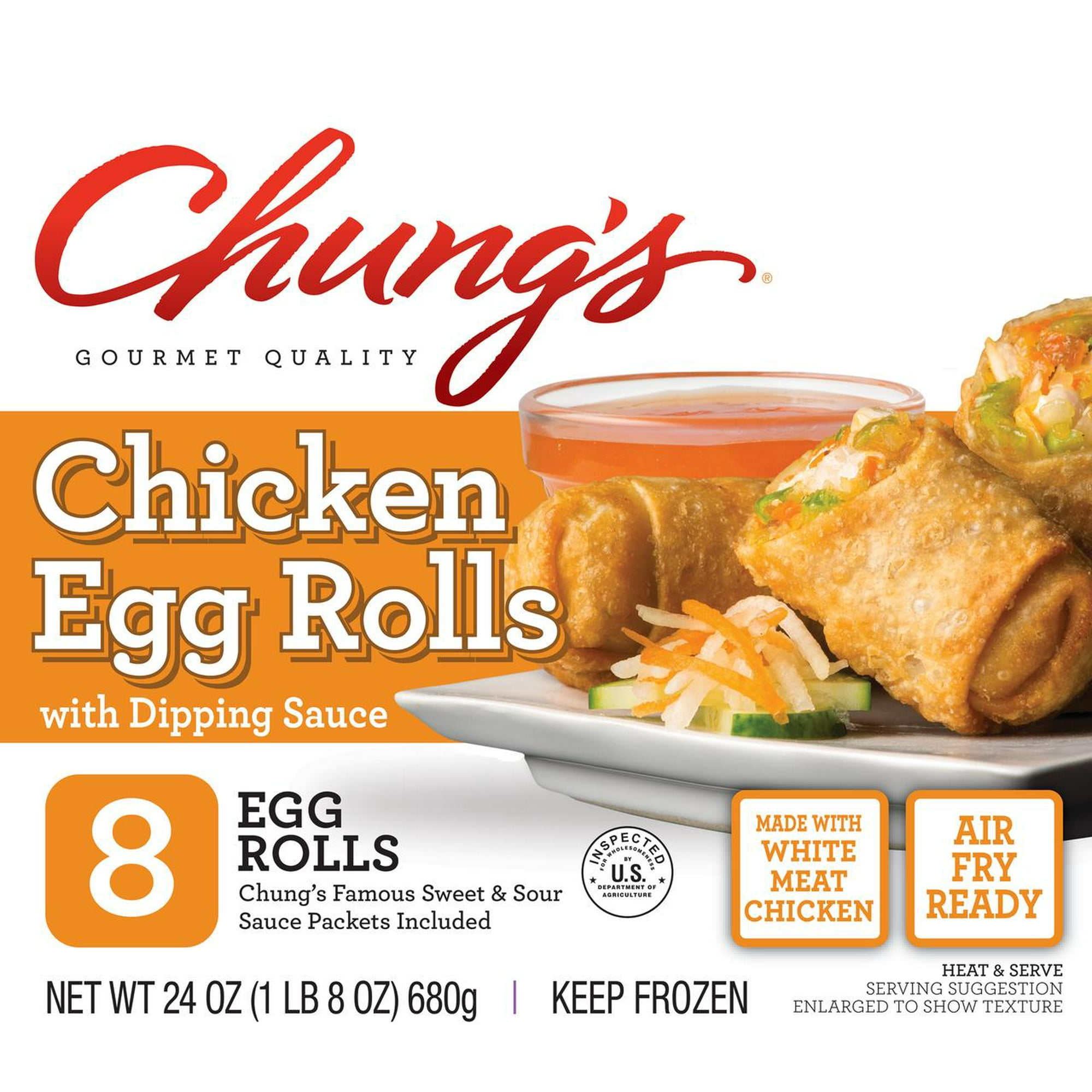 Chung’s Chicken Egg Rolls with Sweet and Sour Sauce, Air Fry Ready, 24 oz, 8 Count Box, (Frozen)