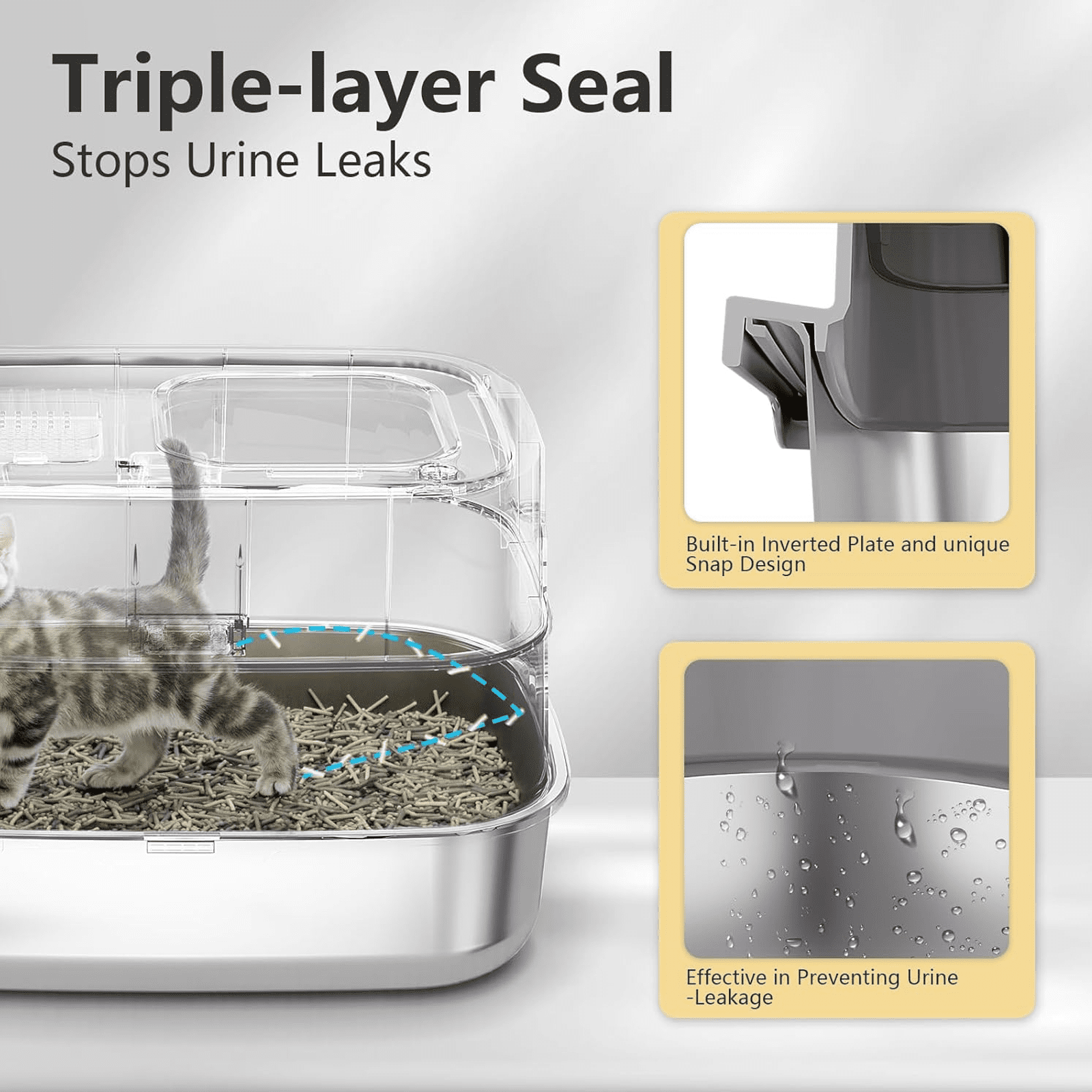 Aqwiopr Extra Large Stainless Steel Enclosed Cat Litter Box - Odor-Resistant, Easy Clean - Gray