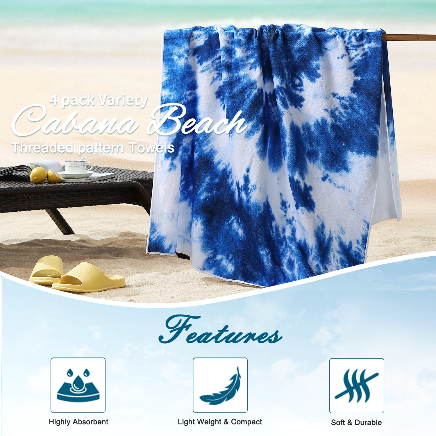 Beartech 4 Pieces Beach Towel Set,40x70 inches Tie-Dye Beach Towels Soft Camping Travel Towels, Lightweight Quick Dry Pool Towels for Beach Shower Towels Swim Towels Absorbent for Adults