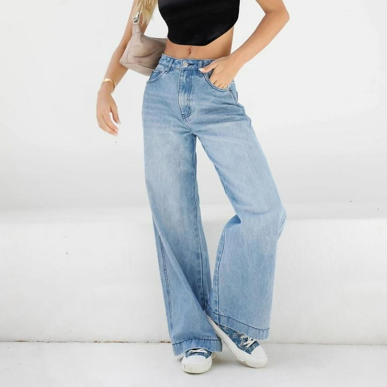 RQYYD Women High Waisted Pants Wide Leg Denim Jeans Straight Casual Loose  Baggy Trousers Vintage Y2K E-Girl Classic Streetwear(Dark Blue,XXL)