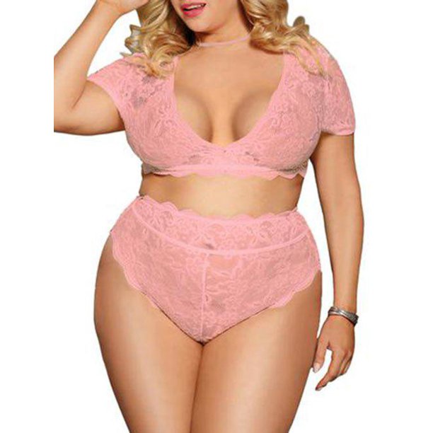 Conjunto Brasier Festoneado de Talla Extra con Encaje con Mangas Cortas Rosegal Conjuntos de lencería de talla grande