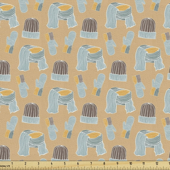 Winter Upholstery Fabric by the Yard, Repetitive Hatched Hand Drawn Seasonal Scarves Mittens and Hats Print, Decorative Fabric for DIY and Home Accents, Pastel Brown Blue Grey by Ambesonne
