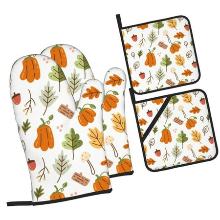 

ZICANCN Oven Mitts and Pot Holders Sets Fall Leafy Pumpkin Plants Baking Sets Kitchen Heat Resistant 4 Pieces
