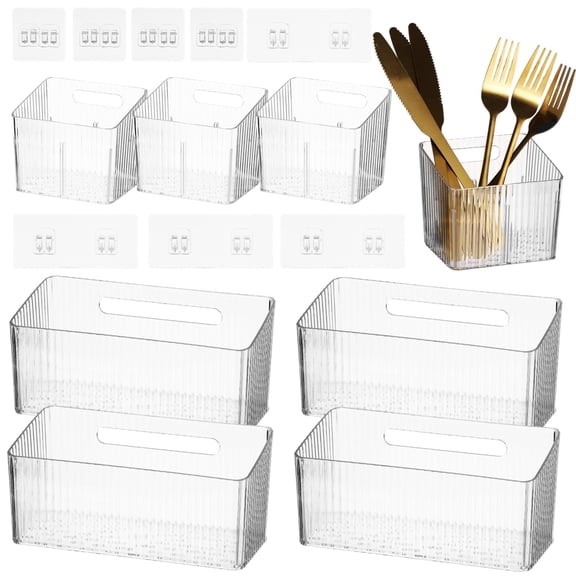 8 PCS Cabinet Door Organizer Bins, Clear Plastic Wall Mount Hanging Storage Baskets with Adhesive Hooks, Bathroom Fridge Kitchen Pantry Under Sink Drawer Organizer with Drain Holes