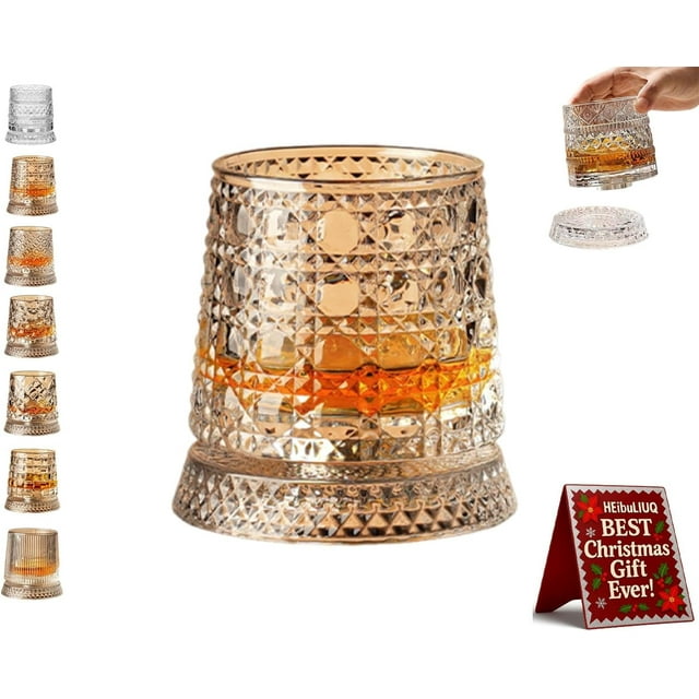 360 Degree Rotating Whiskey Glass, Spinning Cocktail Glass with Stable Decoupled Base, Old Fashioned Crystal Cut Drinking Glassware, Stress Relief Function, Unique Whiskey Gift for Husband Father