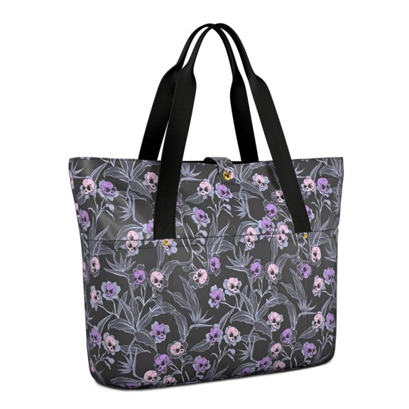 Tote Bag for Women - Skull Flower Halloween Pattern Shoulder Bag - Large Utility Work Duffle Bag with Zipper Handbag for Travel, Work, Sprots