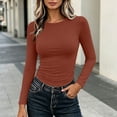 thumbnail image 2 of BLVB Womens Long Sleeve Basic Shirt Crew Neck Ruched Fitted Fall Tops Soft Stretch Undershirts Base Layer Clothing(Orange,Small), 2 of 9