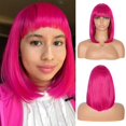 thumbnail image 1 of Pelucas de cabello sintético Yaki para mujer, pelo corto y liso de 12 pulgadas con flequillo, resistente al calor, brillo suave y Natural, color púrpura, 1 of 4