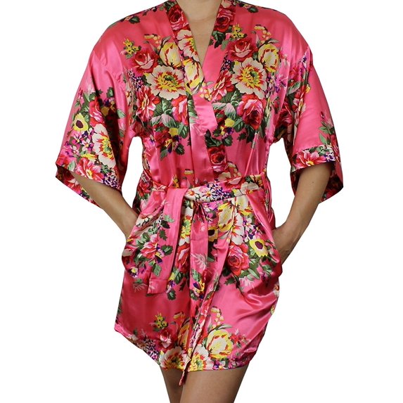 Women's Floral Satin Kimono Short Bridesmaid Robe With Pockets - Silky Touch
