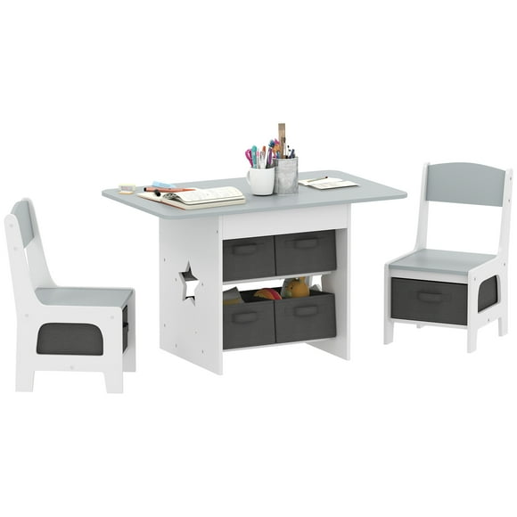 Qaba Ensemble de Table et Chaises pour Enfants 3 Pcs avec 6 Tiroirs Amovibles, Gris Pâle