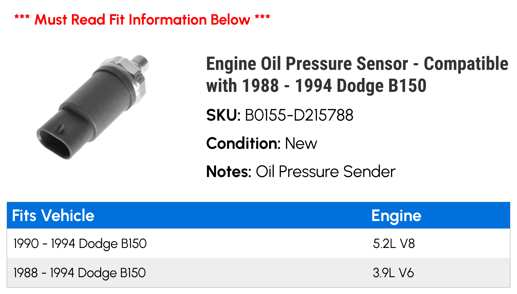 Engine Oil Pressure Sensor - Compatible with 1988 - 1994 Dodge B150 1989 1990 1991 1992 1993