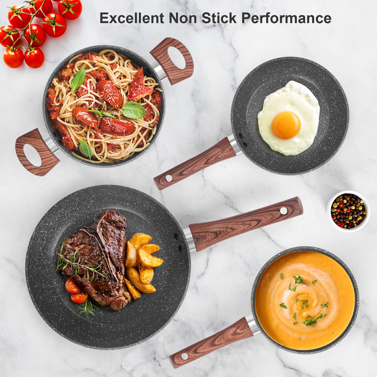M MELENTA Granite Pots and Pans Set Ultra Nonstick, 11 Piece Granite Cookware Set with Frying Pan, Sauce Pan, Stockpot, Stay Cool Handle & Kitchen Utensils