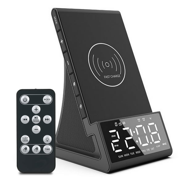 Amdohai 10W Wirelessly Charge BT Radio Alarm Clock Speaker LED Display Stereo Sound Quality Double Alarm Clock with Snooze Function