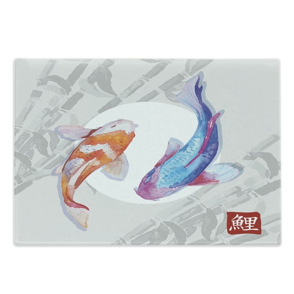 Koi Fish Cutting Board, Watercolor Style Japanese Animals Couple Design Grunge Brushstrokes Based Paint, Decorative Tempered Glass Cutting and Serving Board, Large Size, Blue Orange, by Ambesonne