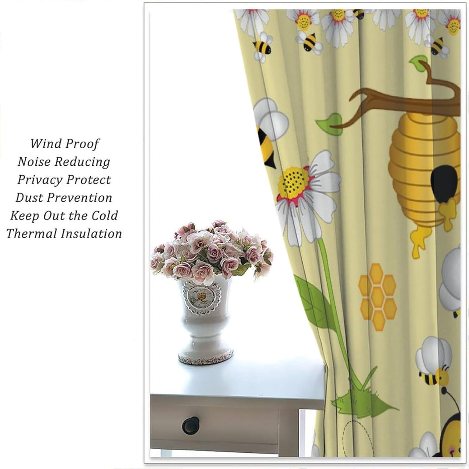 Bee Blackout Curtains Cartoon Flying Bees Daisy Honey Chamomile Flowers Spring Animal Print Living Room Bedroom Cafe Heat Insulation Privacy Curtains 42x63 Inch