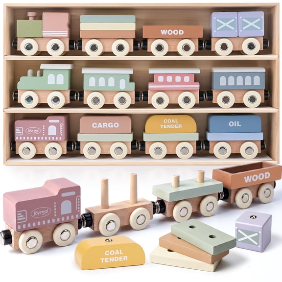 Wooden Train Set for Toddlers – 12-Piece Montessori Magnetic Train Cars with Storage Box, Stacking Blocks Toy for Ages 1-5, Birthday Gift for Boys and Girls