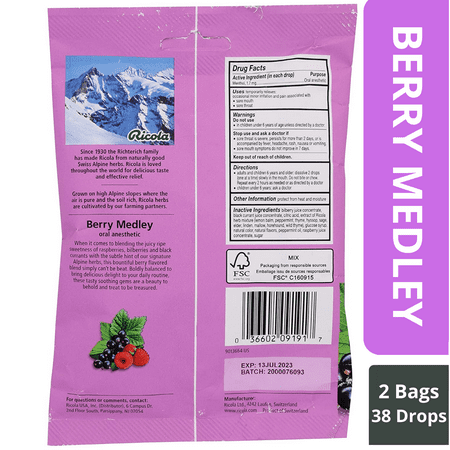 Ricola Swiss Alpine Herbs Berry Medley Oral Anesthetic, Great Tasting Soothing Reliet 2 Bags, 19 Individually Wrapped Drops Each Bag, (38 Drops)