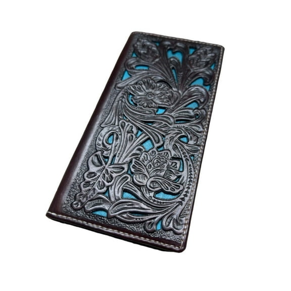 Floral Leather Long Wallet Coffee Teal