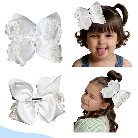 JoyBowie 1pcs 7.5 Inch White Pearl Lace Hair Bows for Girls, 5.5 Inch Satin Clips with Safe Edge Design for Kids Party Formal Hairstyles