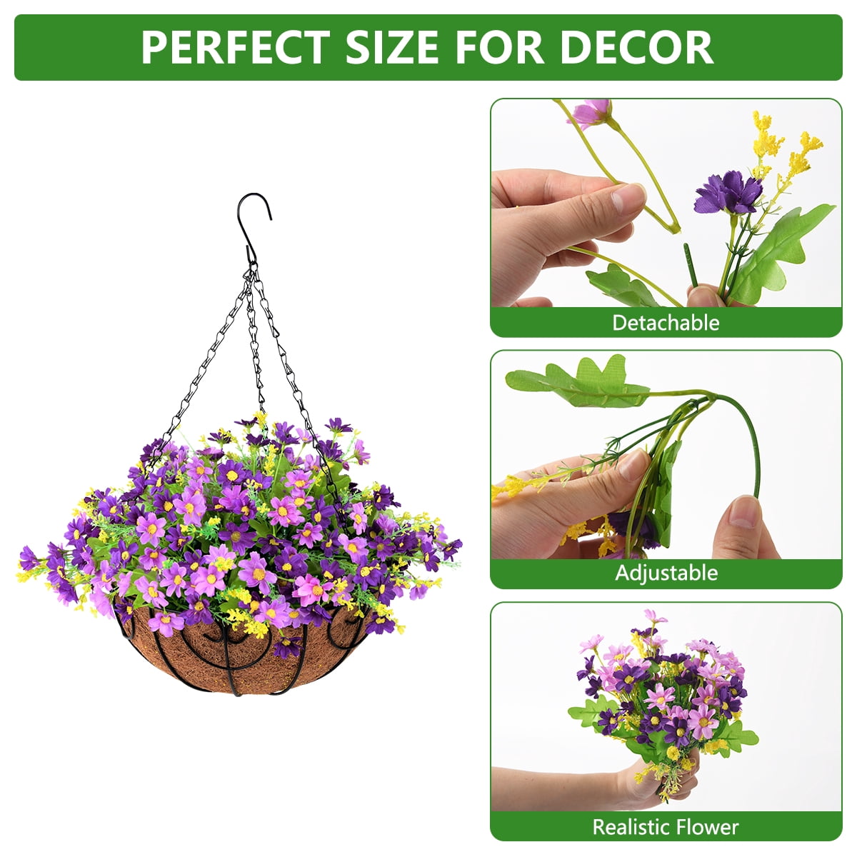 Artificial Hanging Flowers in Basket Outdoor Indoor Patio Lawn Garden Decor, Hanging Daisy Basket with 12inch Coconut Lining Chain Flowerpot (Purple)