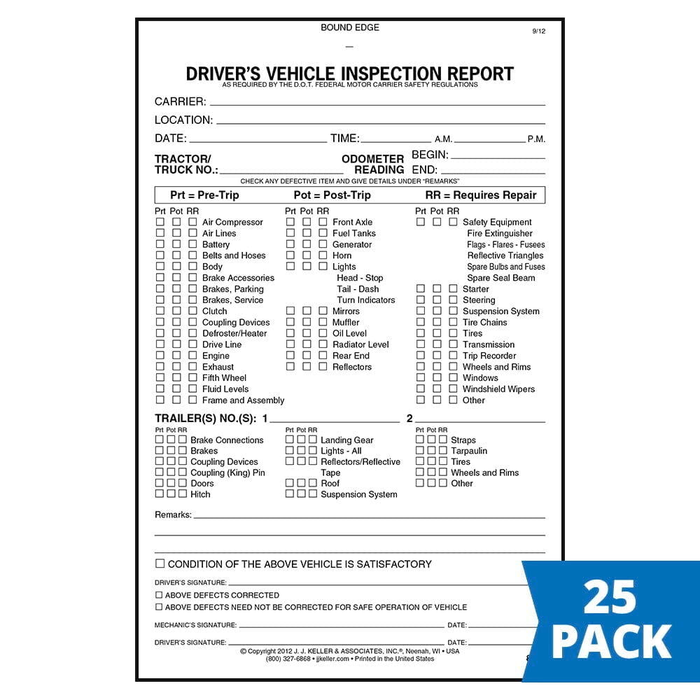Detailed Driver Vehicle Inspection Report Book (Pre- & Post-Trip) 25-pk., 2-Ply Carbonless, 5.5"x8.5", 31 Sets of Forms Per Book