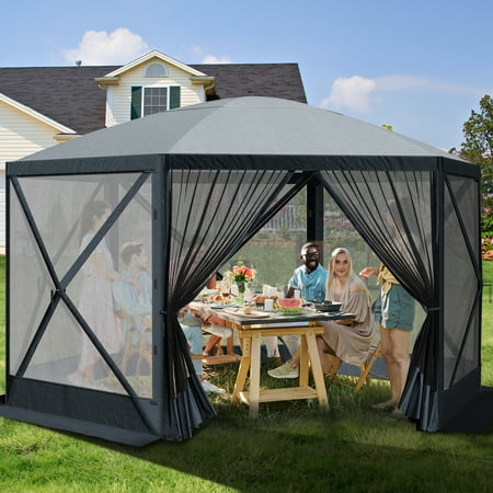 Dextrus 11.5x11.5ft Camping Gazebo, Portable Pop Up Canopy Outdoor Screen Tent 6 Sided with Mesh Windows and Carry Bag for Camping, Picnic, Backyard Party Outside Activities, Gray