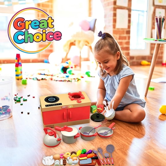 56Pcs Red Mini Kids Pretend Play Kitchen Stove Playset with Light & Sound Dual Burners, Little Chef Role Play Educational Toy, Birthday Holiday Gift for Toddler Boys Girls Ages 3