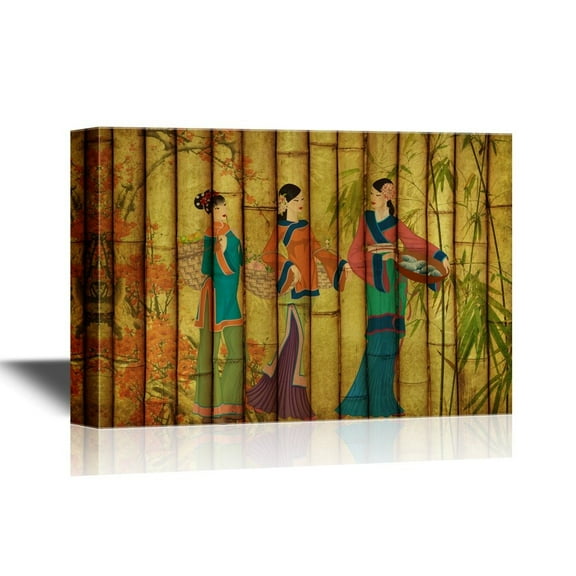 wall26 - Chinese Culture Canvas Wall Art - Ancient Chinese Woman on Bamboo Style Background - Gallery Wrap Modern Home Art | Ready to Hang - 12x18 inches