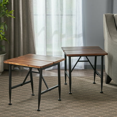 - Emily Industrial Acacia Wood End Tables with Iron Accents, Set of 2, Antique and Black