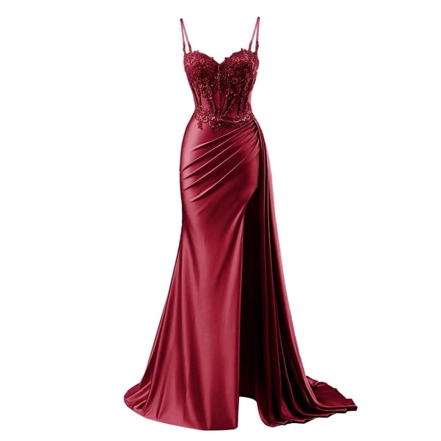 Vestido de fiesta RUMUGUYA, apliques de encaje, satén, sirena, burdeos