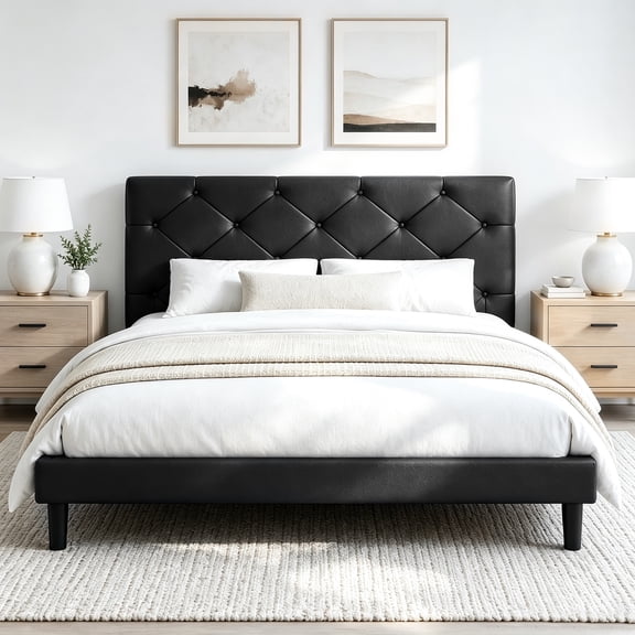 Queen Bed Frame with Upholstered Faux Leather Headboard, UHOMEPRO Platform Bed Frame with Wood Slat Support, No Box Spring Needed, Black
